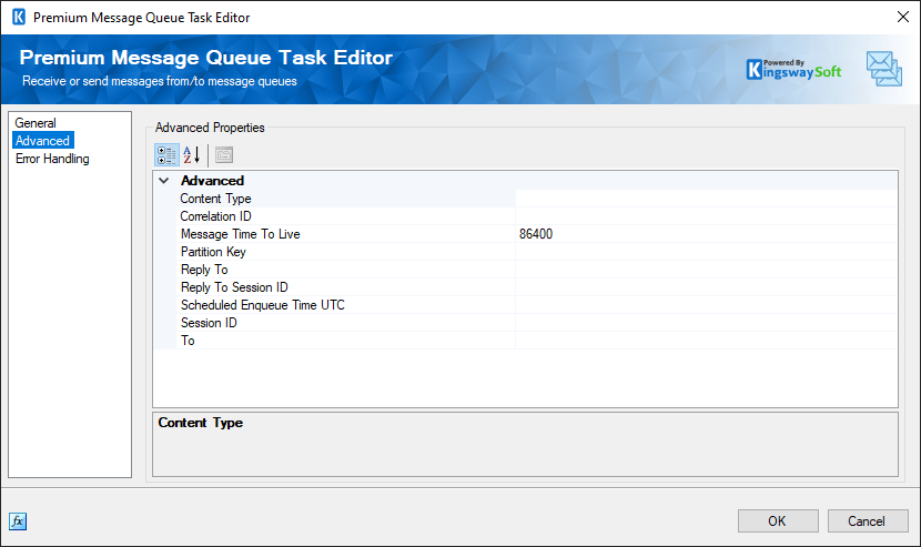 SSIS Premium Message Queue Task Editor - Advanced - Azure Service Bus